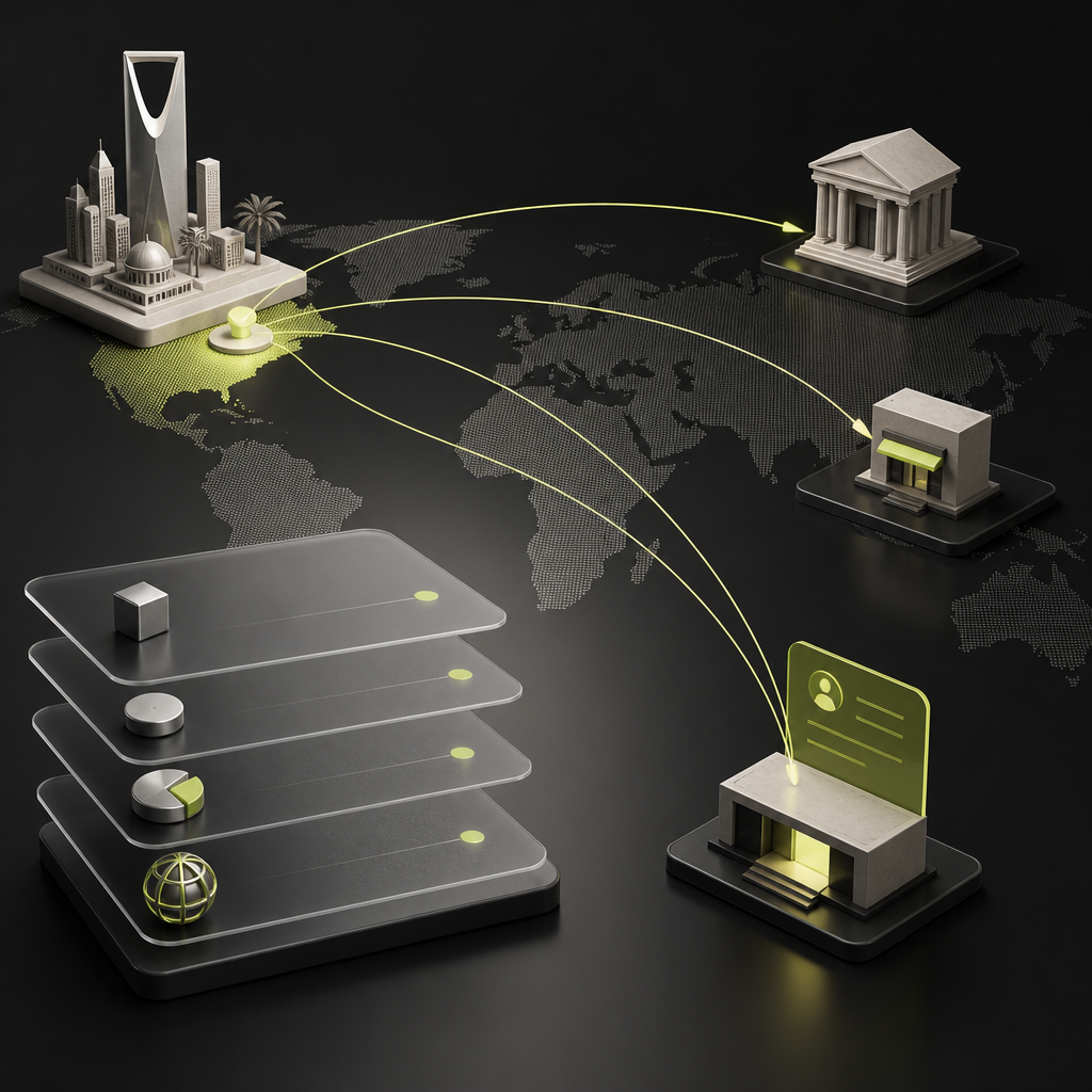 Illustration of a Saudi international transfer with separate fee, tax, and currency conversion layers.