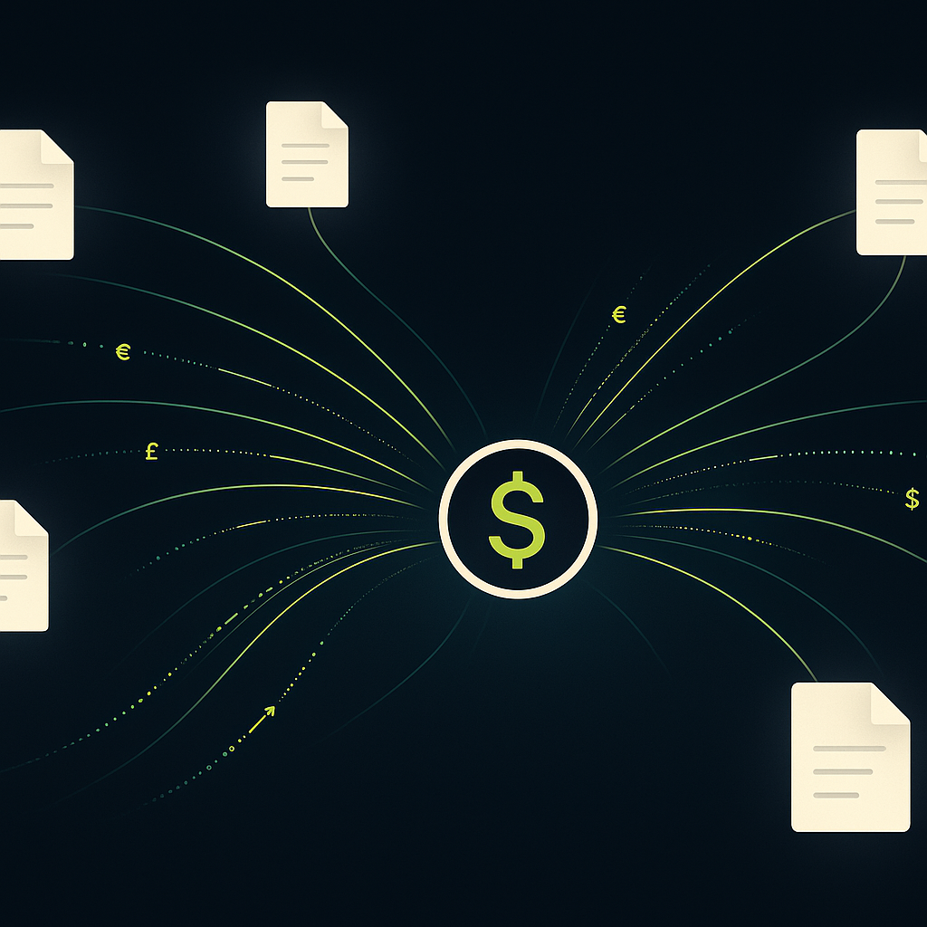 Digital network of publisher payment nodes connected by real-time data streams flowing to a central financial hub