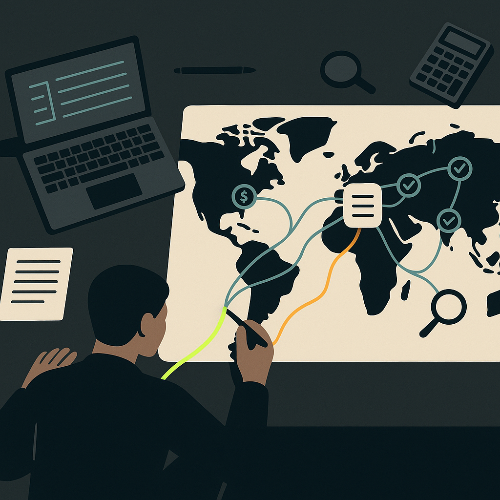 Analyst tracing global payout routes between a central ledger, approval checkpoints, and an exception queue.