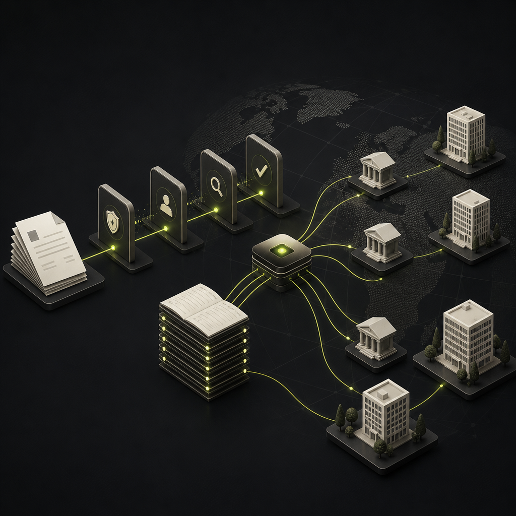 Illustration of verified invoices connected through a central ledger to international vendor bank payments