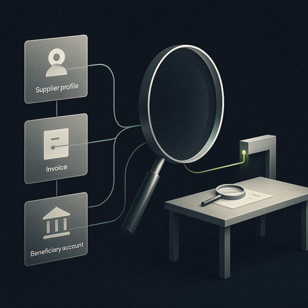 Connected payment records pass through an analytical lens, with a suspicious branch paused for human review.