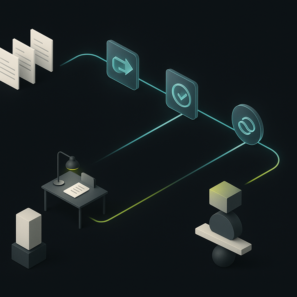Illustrated payables workflow showing automated processing, a human-review branch, and balanced operating costs.