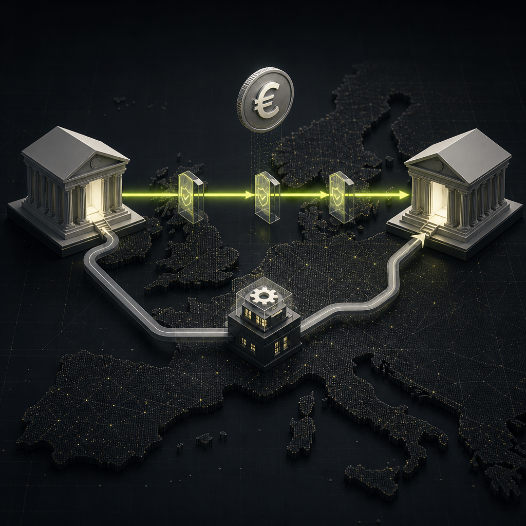Illustration of euro payments taking an instant route or a standard processing route between banks.