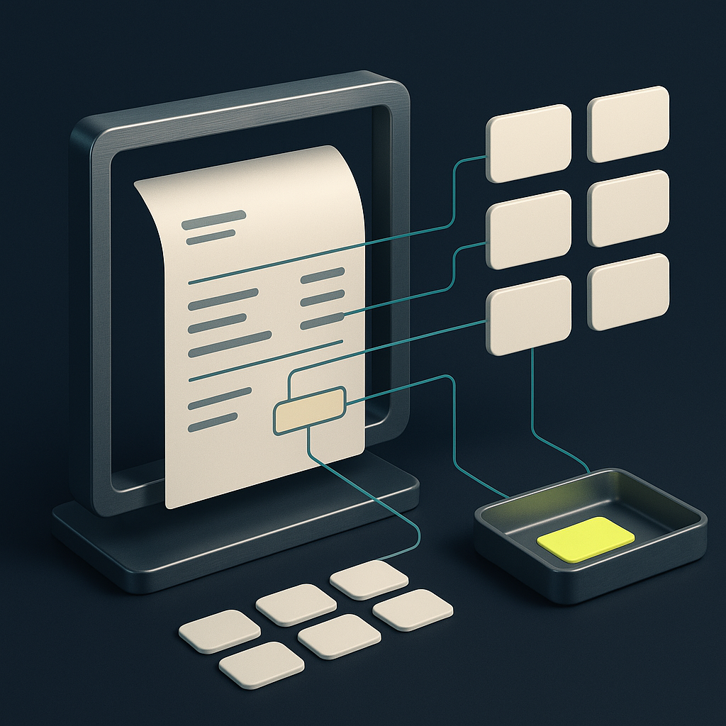 Invoice fields checked against ledger records, with an uncertain field routed to a separate review tray.