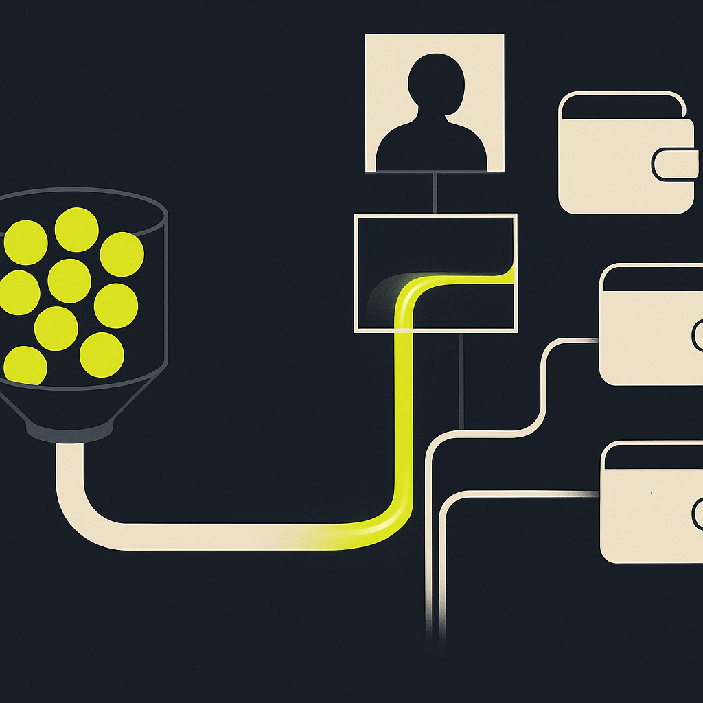 Illustration of a fixed creator bonus pool transitioning into revenue streams allocated to individual creator wallets.