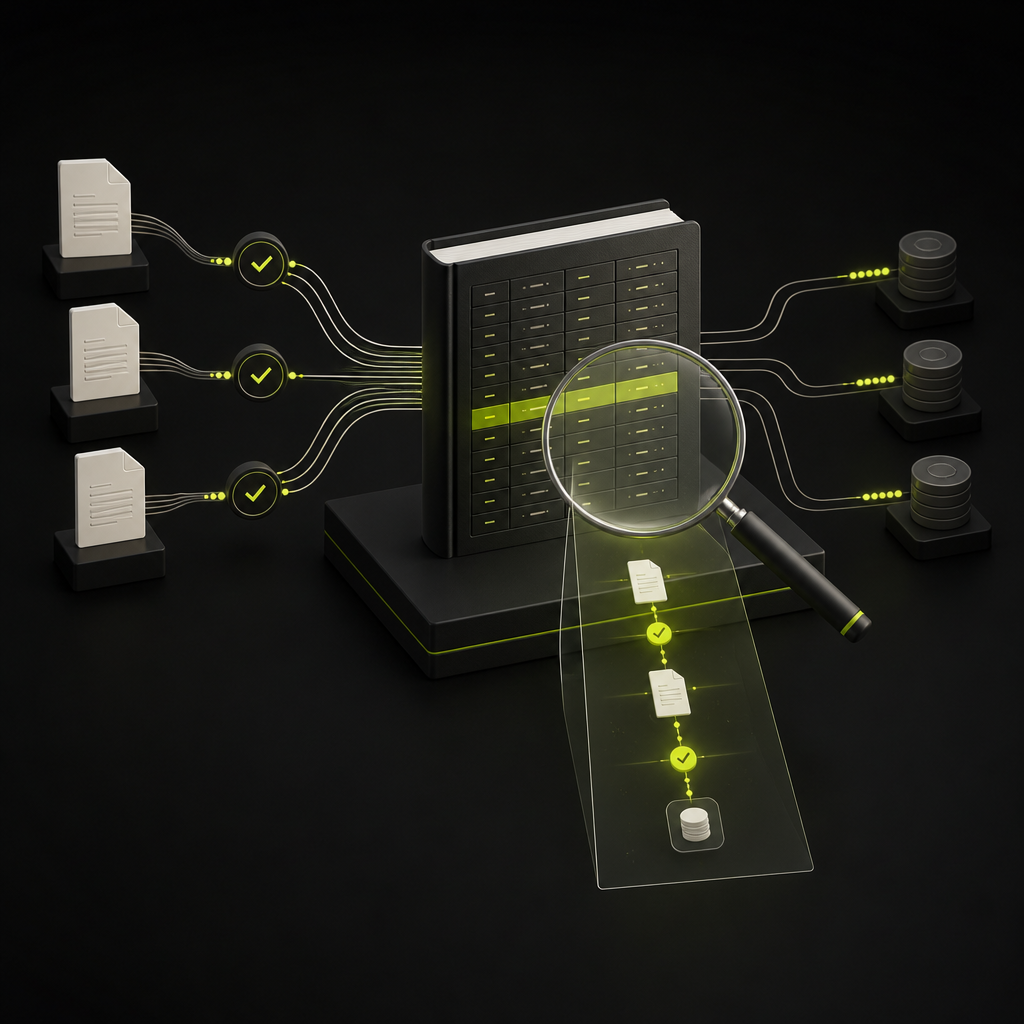 Invoice, approval, and payment records connected to a ledger with a magnified audit trail