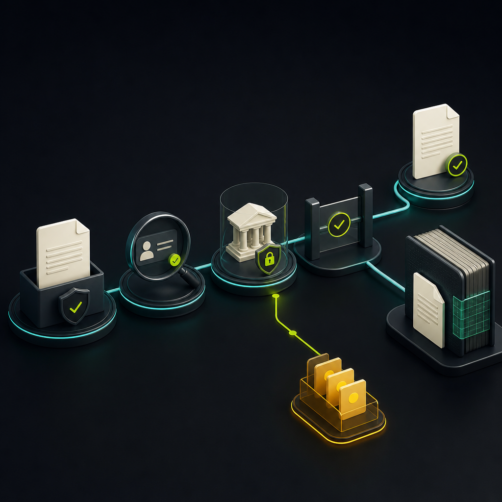 Supplier onboarding workflow connecting document intake, verification, approval, and first-invoice readiness.