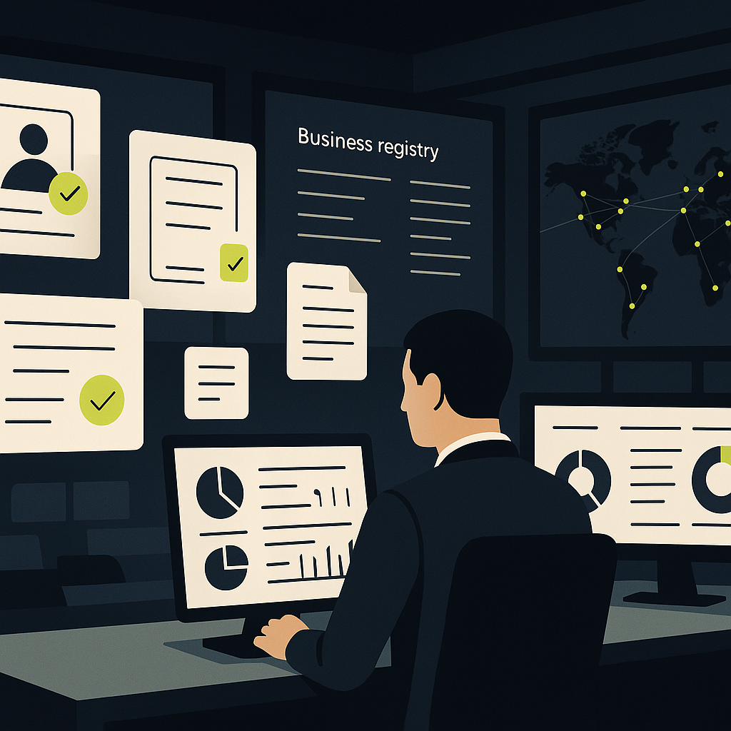 Finance professional reviewing publisher KYB compliance dashboards in a global ad network operations center