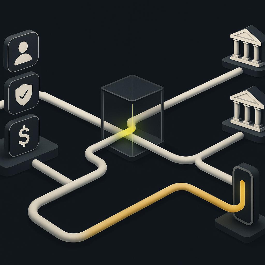 Illustration of worker, earnings, and bank verification converging before global payroll payments are released.
