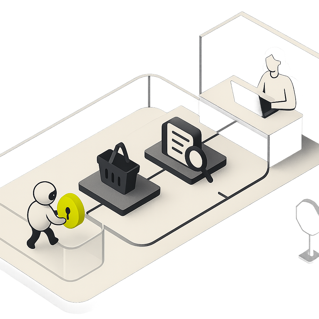 AI agent passing an authorized purchase through policy checks, payment controls, and a connected ledger.