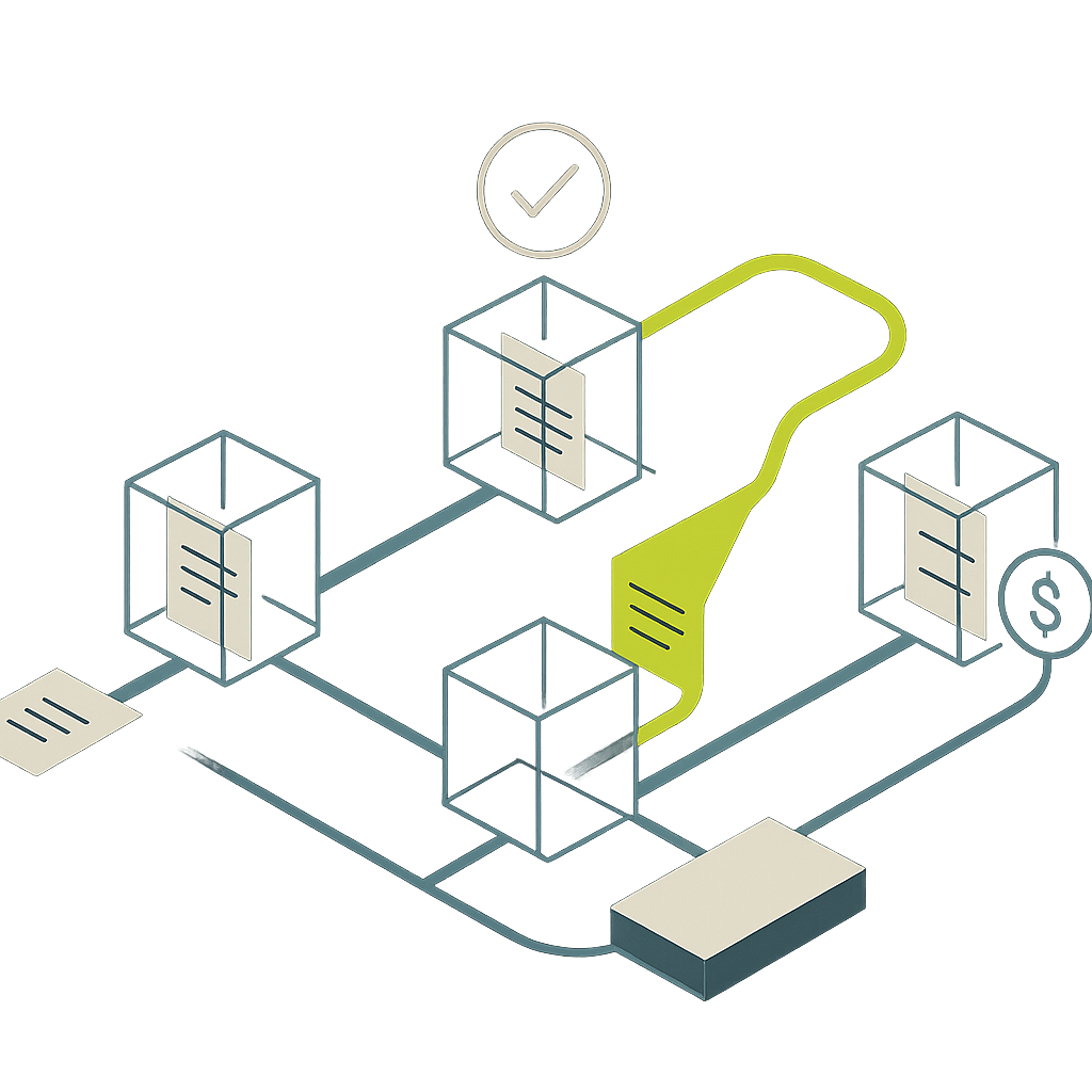 Invoice workflow with approval checkpoints, an exception review lane, and payment records connected to a unified ledger.
