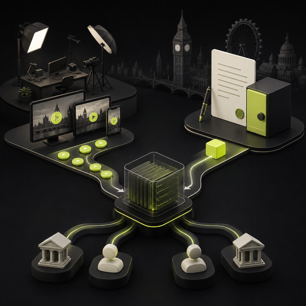 Separate creator rewards and financing pathways flowing through a ledger toward UK recipient accounts.