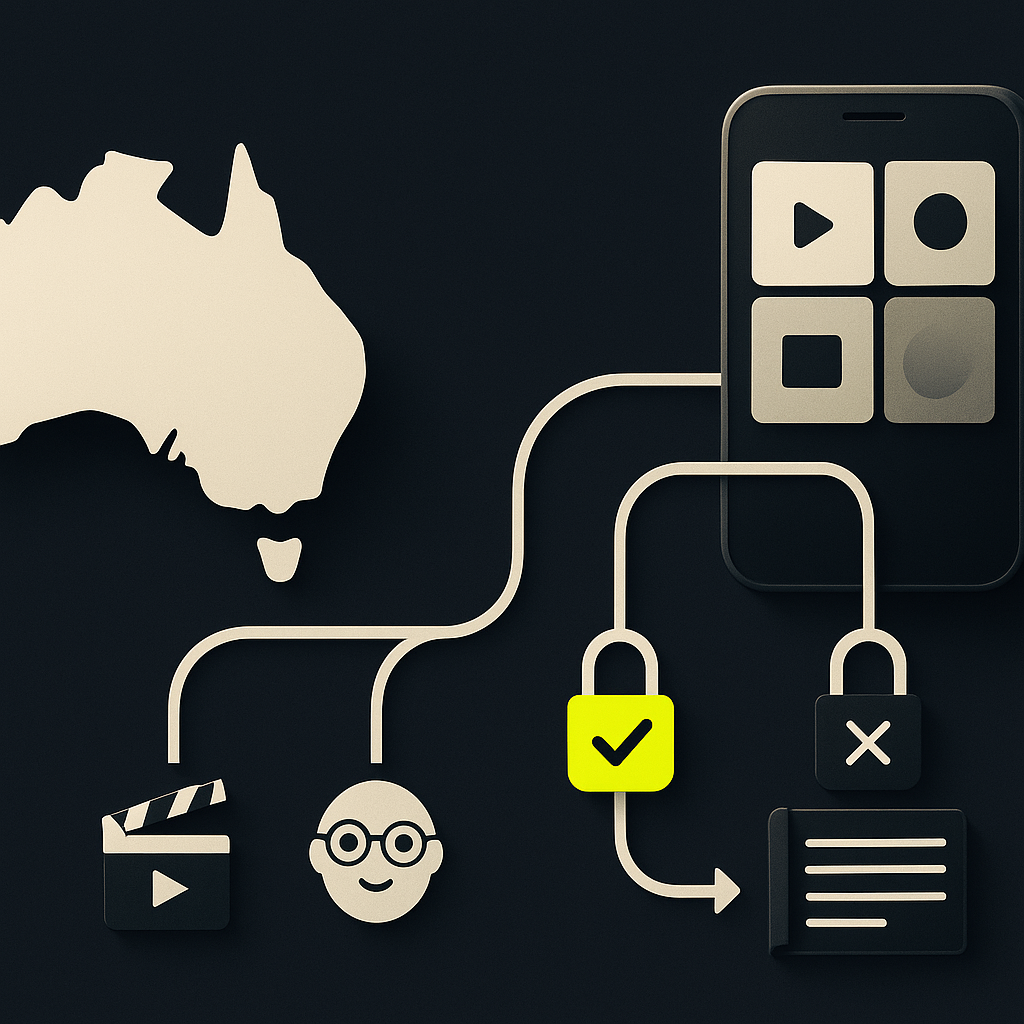 Australian map and creator video tiles with separate eligibility gates leading to an approved payment ledger