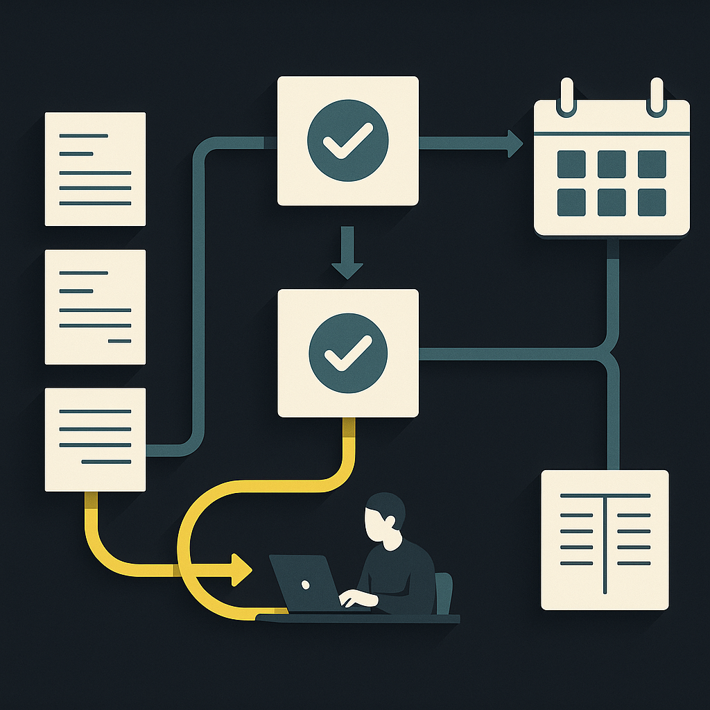 Invoice workflow with approval checkpoints, an exception lane, a payment calendar, and a reconciled ledger.