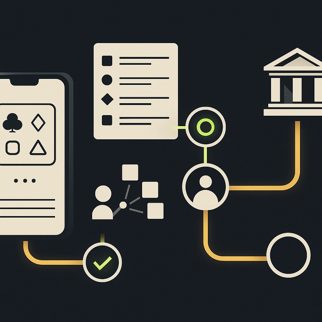 Illustration of a gaming app withdrawal passing through verification, approval, and reconciliation controls.