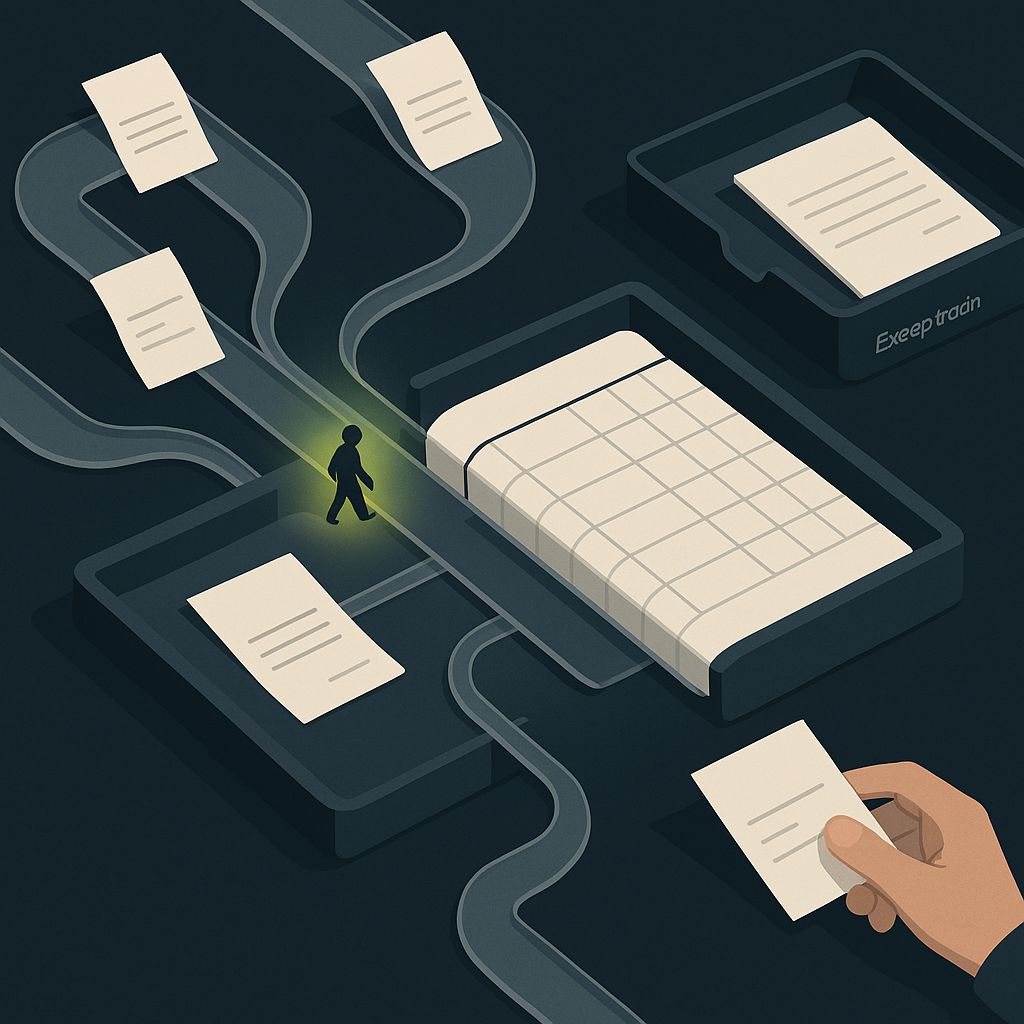 Illustration of an AI agent sorting finance documents while a human reviews an exception beside a shared ledger.