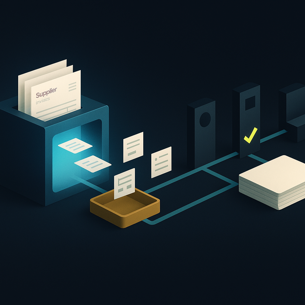 Invoice extraction module connected to validation gates, an exception review tray, and an accounting ledger.