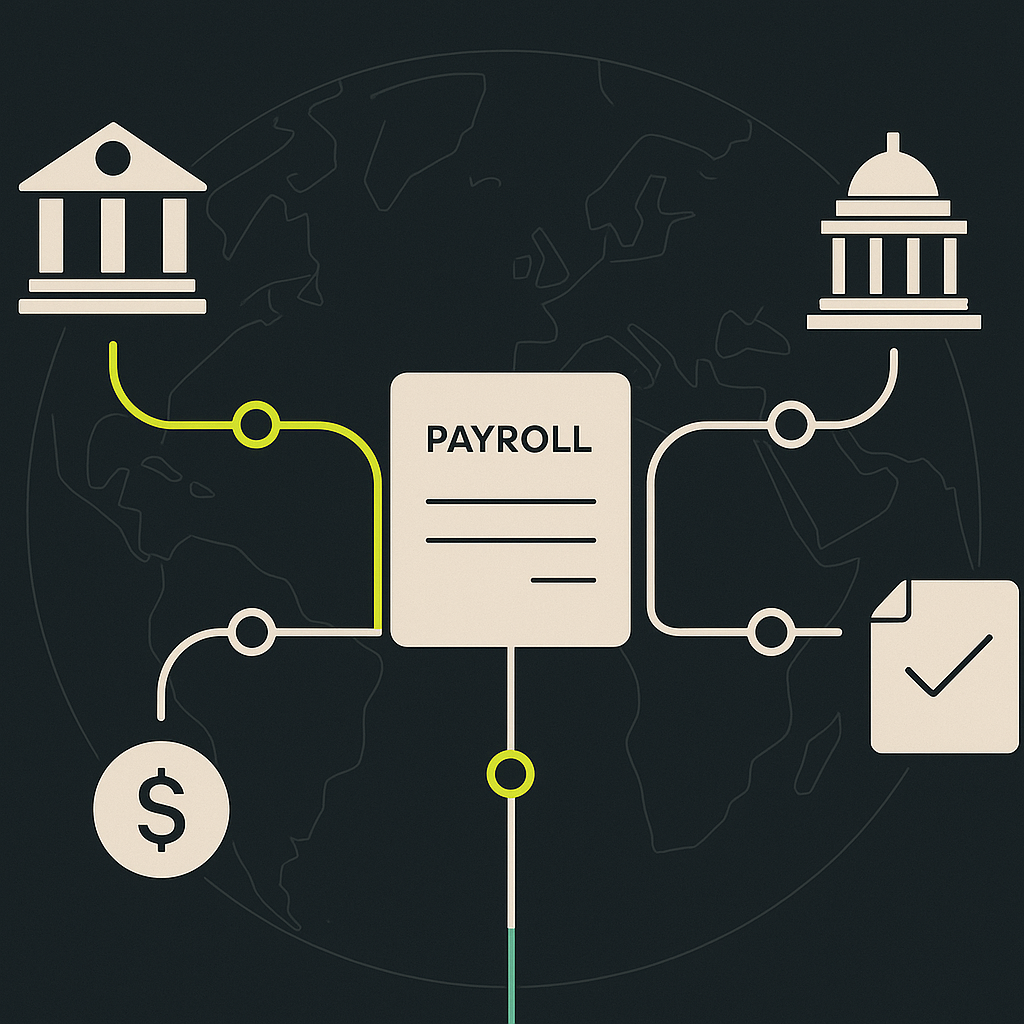 A payroll ledger connecting employee payments, tax deposits, and reporting records across international payment routes.