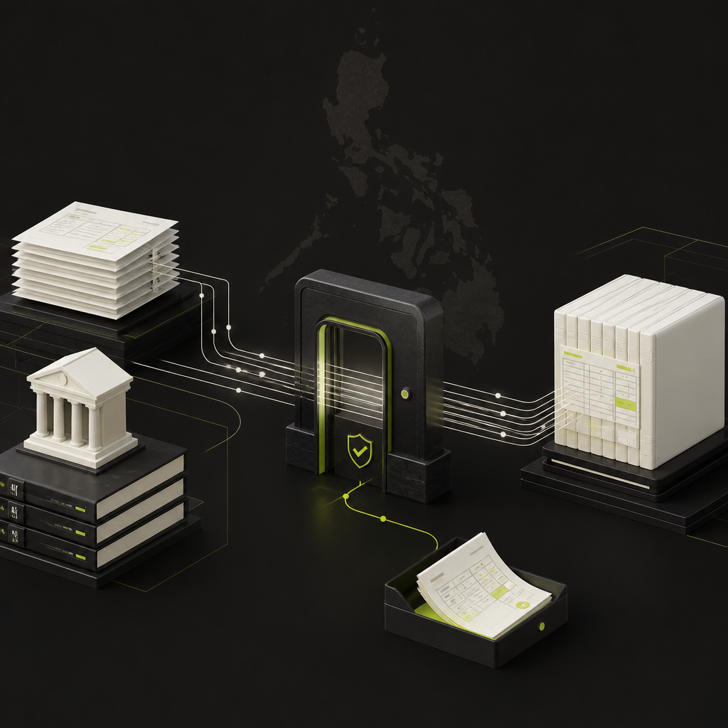 Invoices and bank records passing through a reconciliation gateway, with the Philippine archipelago in the background.