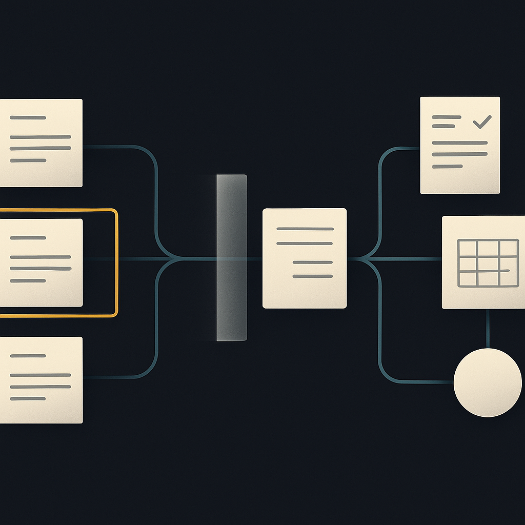 Duplicate invoices held at a review gate while verified invoices flow from a shared ledger toward payment.