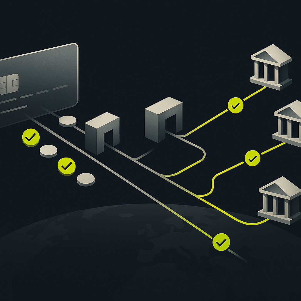 Illustration of credit card referral commissions moving through approval checkpoints to international bank accounts