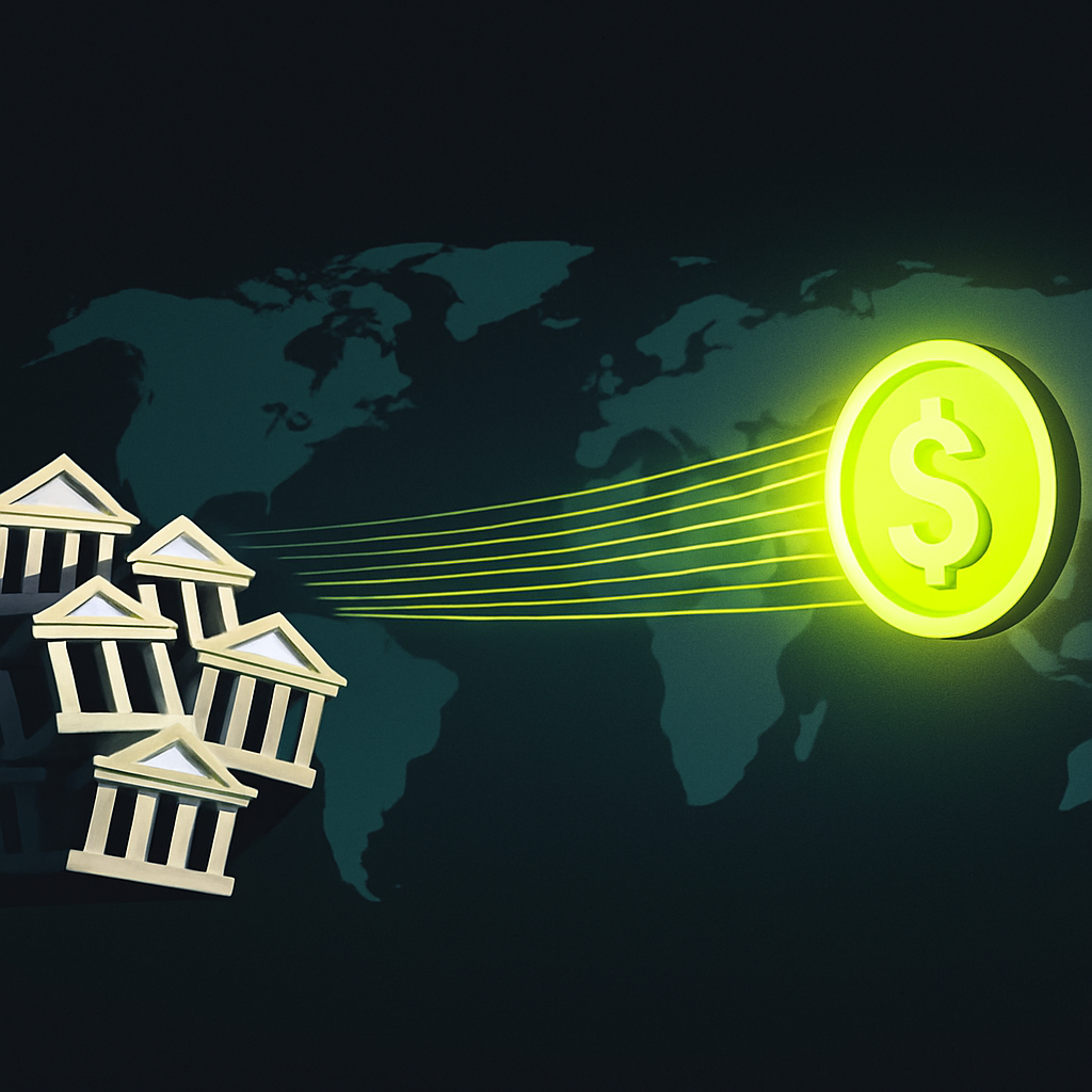 Digital dollar token flowing to global contractors across a world map, bypassing traditional banks