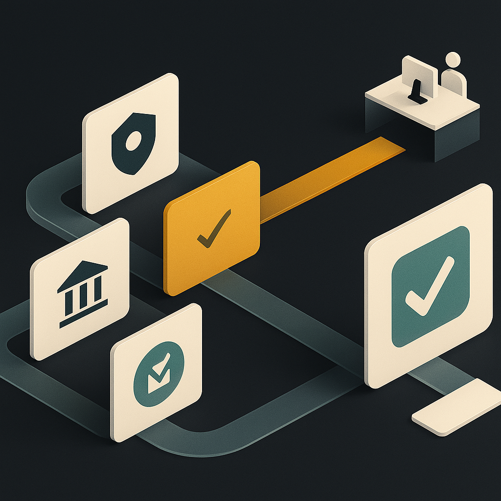 Vendor documents move through identity, tax, banking, and compliance reviews, with exceptions routed separately.