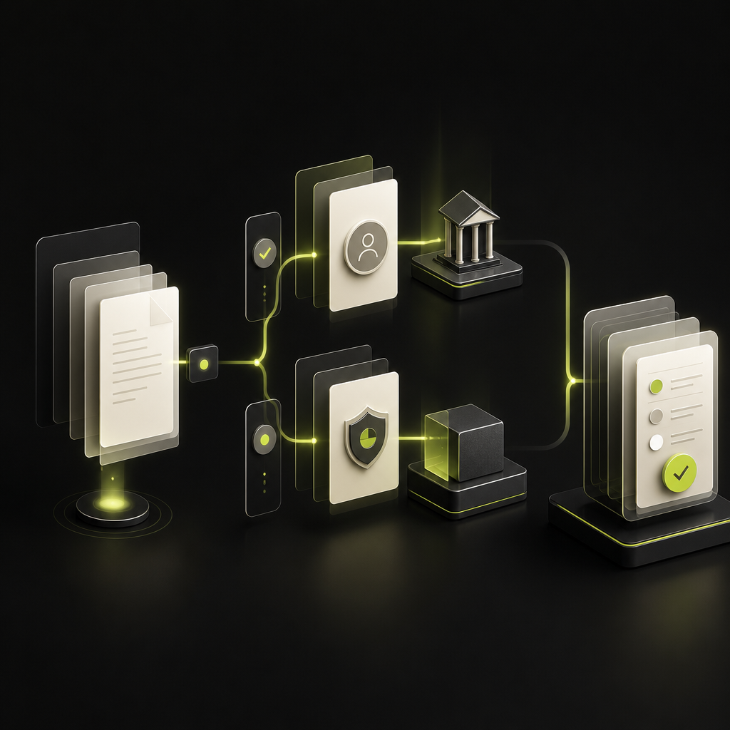 Invoice workflow splitting into supplier payment and tax withholding streams, both connected to a reconciled ledger