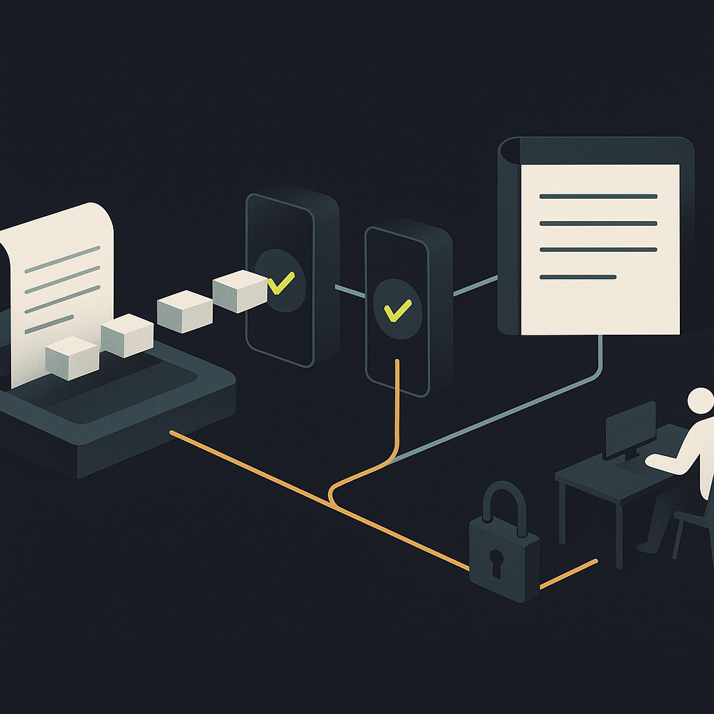 Invoice data passes through validation gates, with a separate path for human review before financial action.