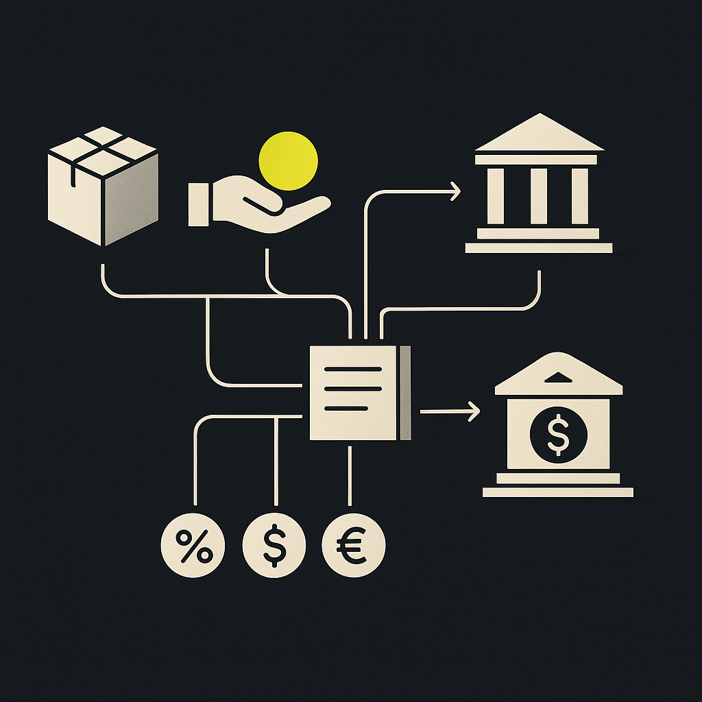 Illustration of marketplace payments moving through deductions and currency conversion to a seller’s bank account.