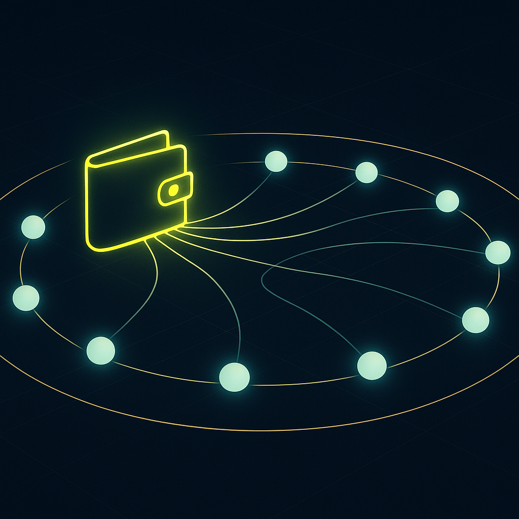 Abstract network of AI agent nodes connected to a central digital wallet with glowing spend-limit boundaries on a dark navy b