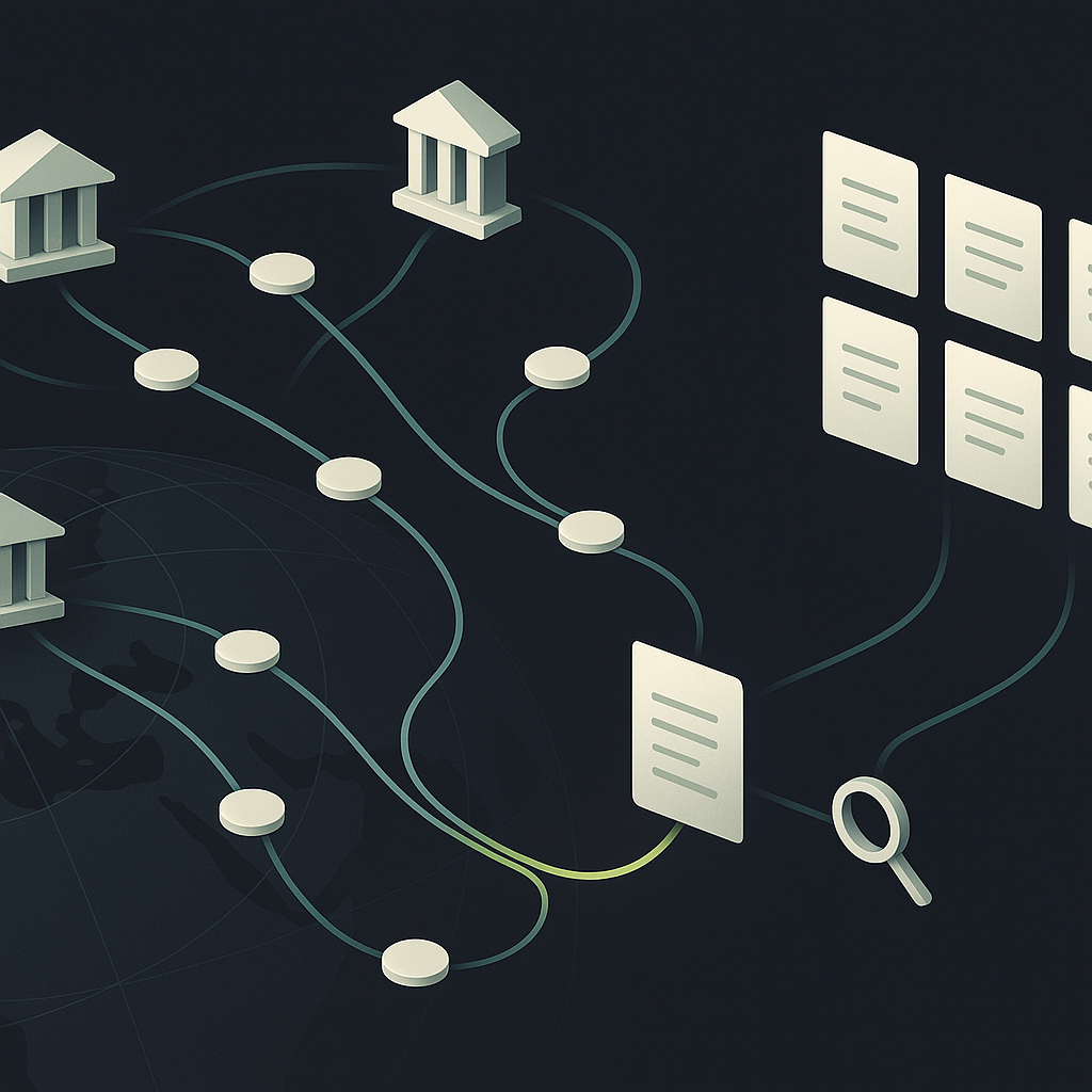 Global contractor payment paths converge into a ledger, with matched records and a separate review checkpoint.