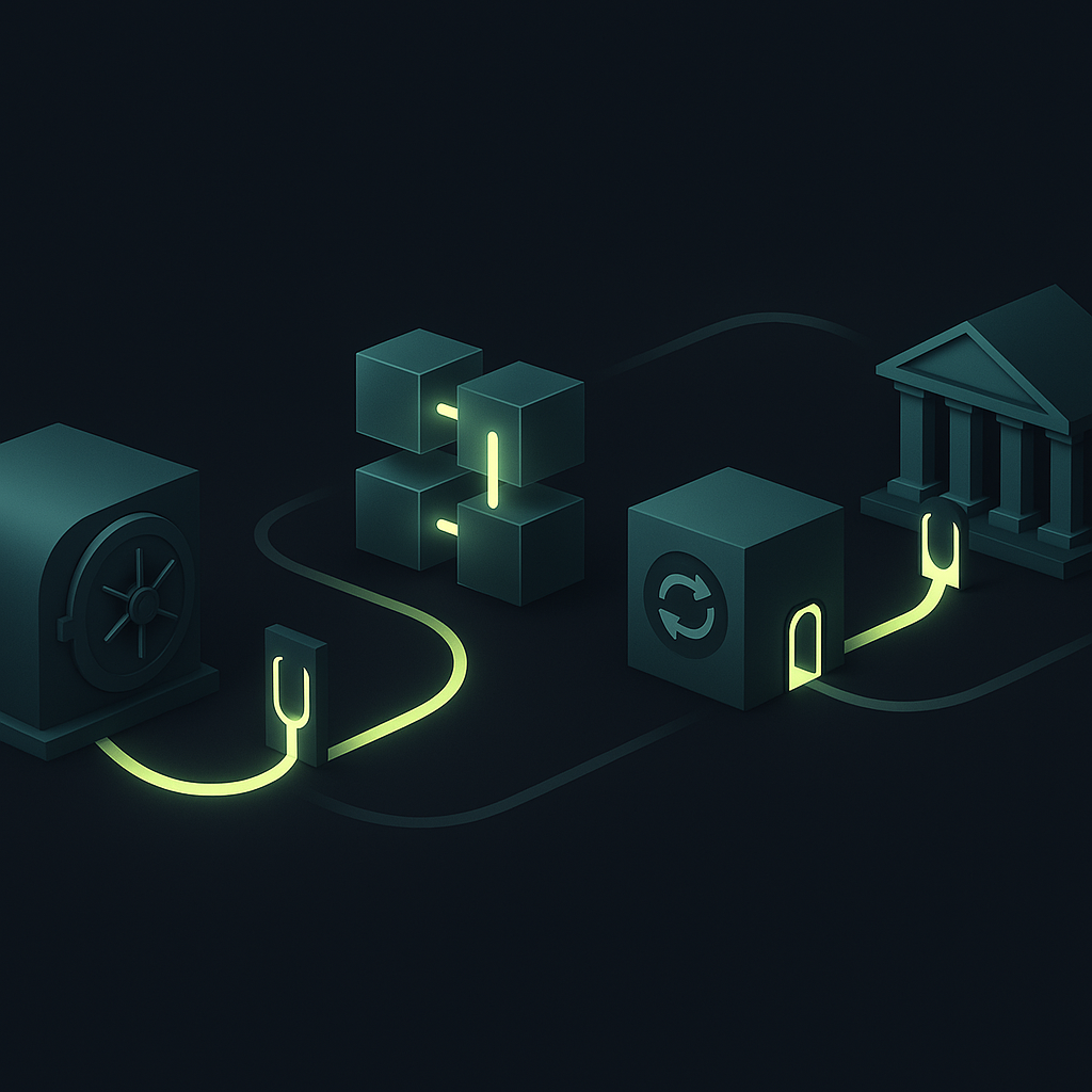 Payment path connecting bank funding, blockchain settlement, currency conversion, and recipient credit through control gates.