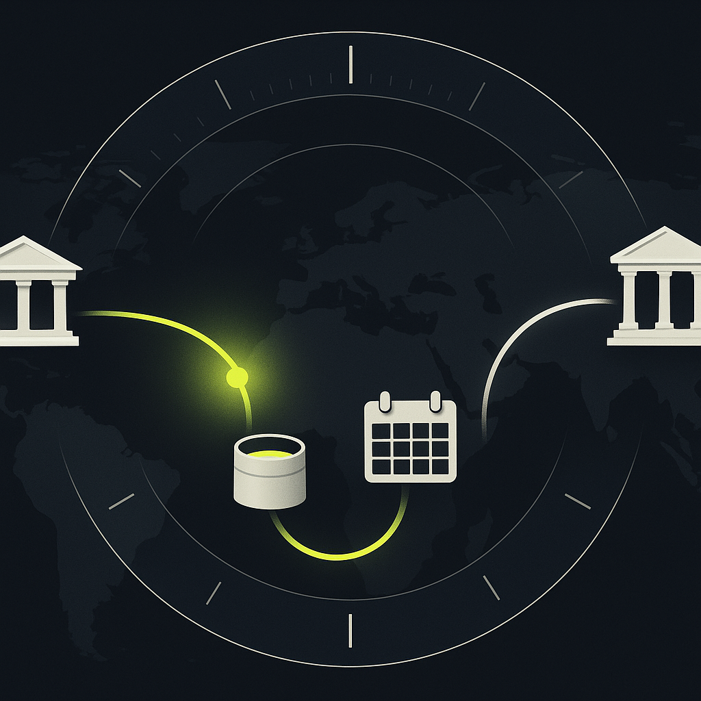 Global payment routes passing through funding and calendar checkpoints before reaching recipient banks.