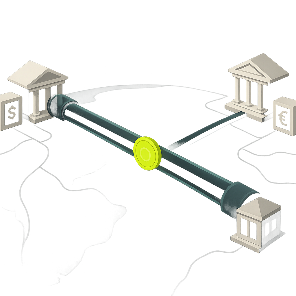 Digital settlement channel connecting banking hubs, with currency conversion and local delivery gateways at each end.
