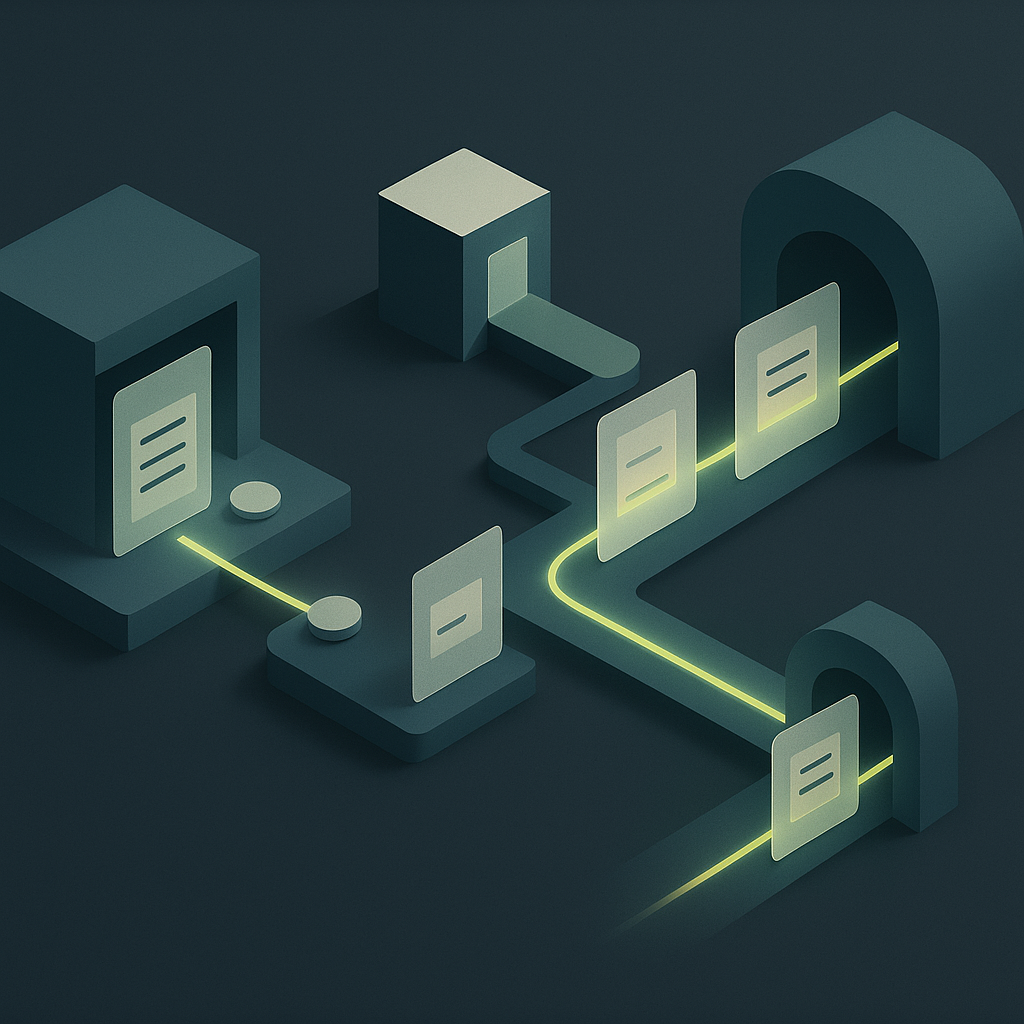 Connected purchase, receipt, invoice, and payment stages with a separate review path for unresolved exceptions.
