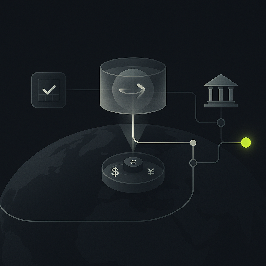 A digital decision engine checks payout data and routes global payments, pausing an uncertain transaction.