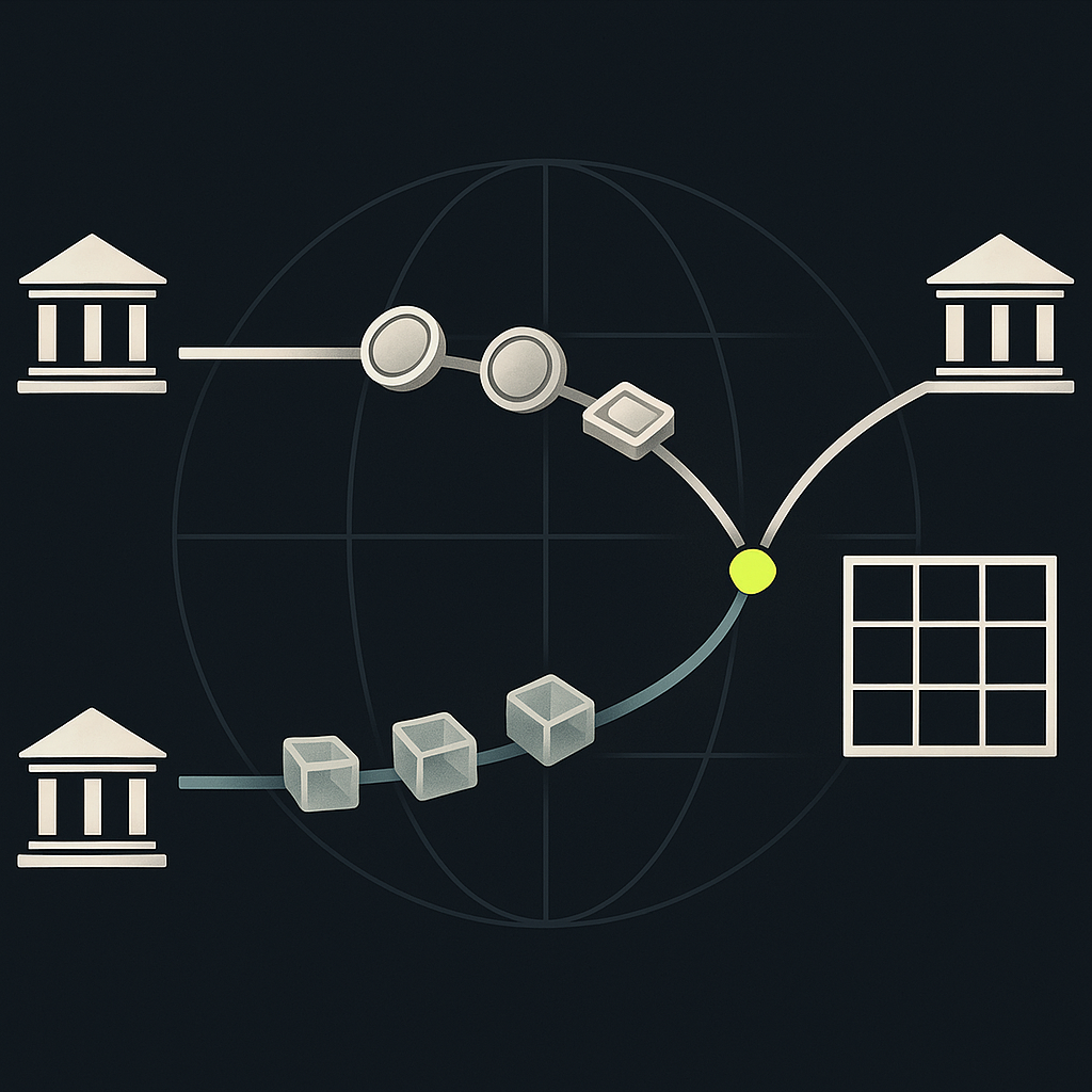 Parallel money and data paths connect international banking nodes and converge at a reconciliation ledger.