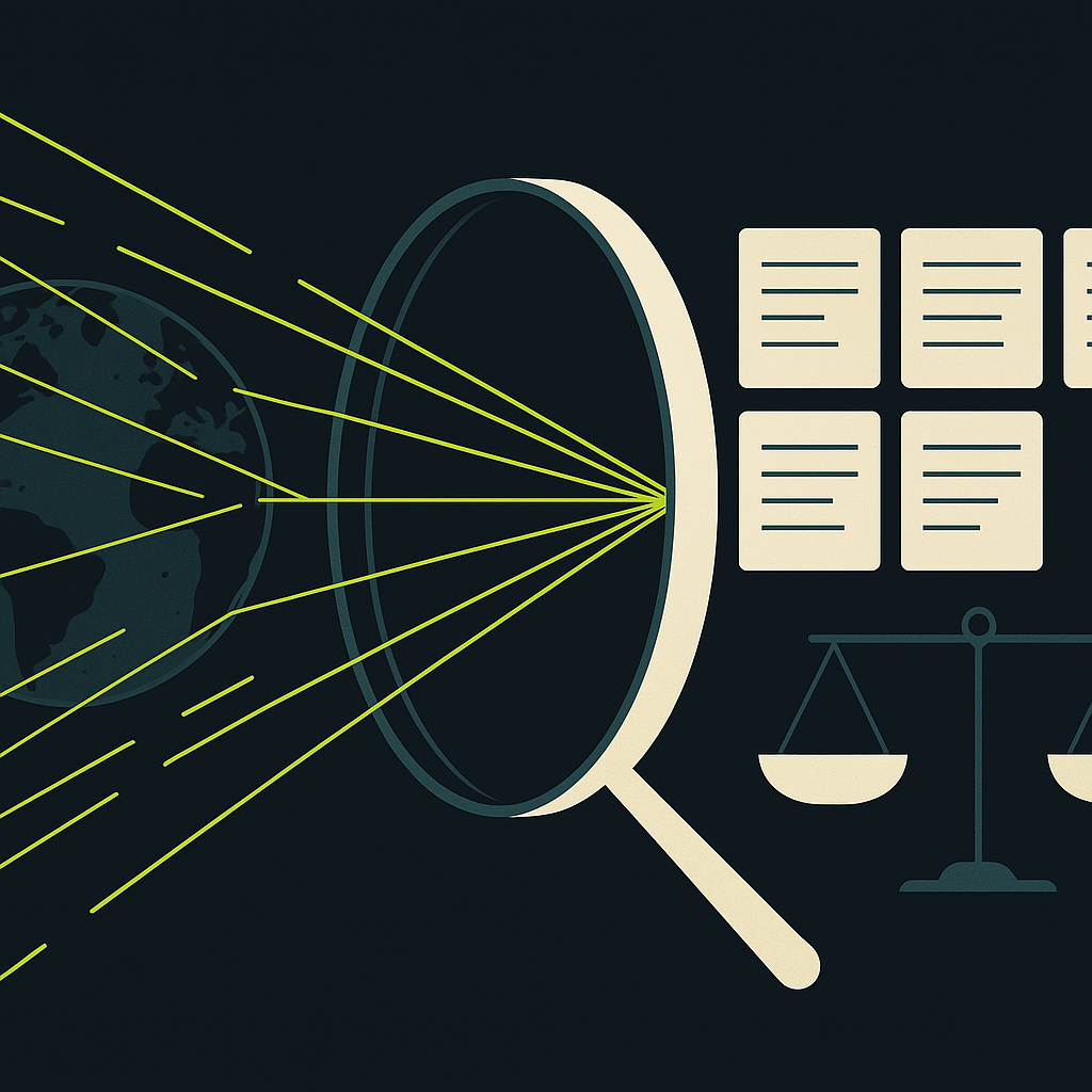 Abstract global payment routes passing through an analytical lens into matched transaction records.