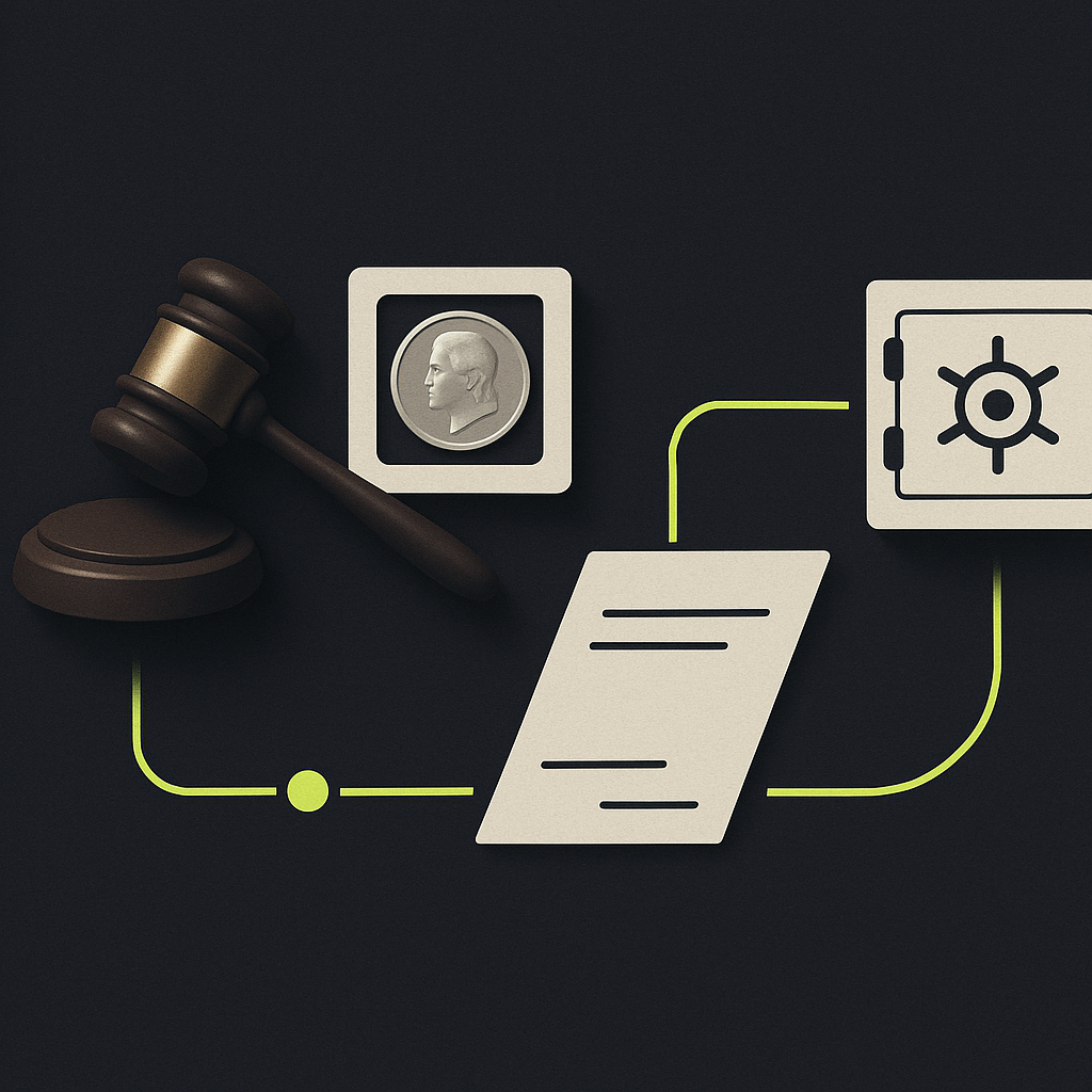 Auction gavel and collectible coin beside a settlement document, with a visual path leading to a bank vault.