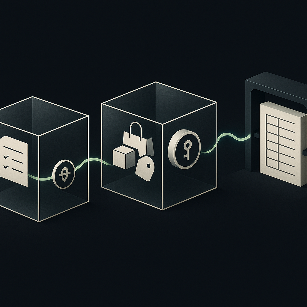 Linked authorization records pass through a payment gateway toward a separate accounting ledger.