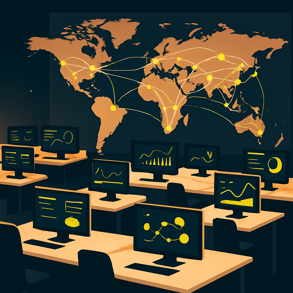 Global vendor payment operation dashboard with transaction flows connecting suppliers across continents