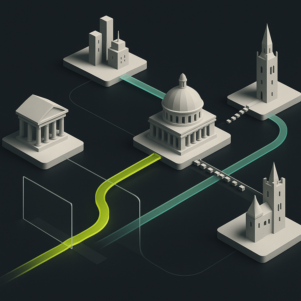 Separate payment networks connected by solid and proposed bridges, illustrating BRICS cross-border payment interoperability.