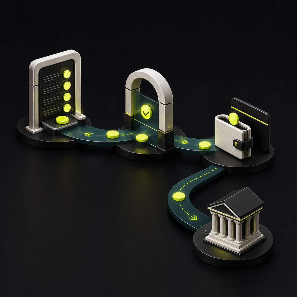 Illustration of affiliate commission moving through validation to a wallet, with a separate transfer path to a bank.
