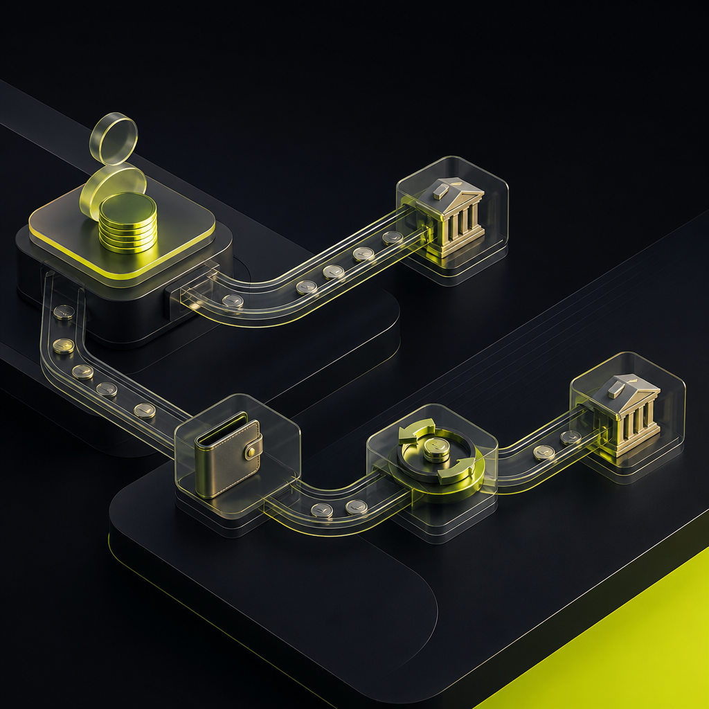 Illustrated creator earnings flowing through bank and wallet routes to a final bank destination.