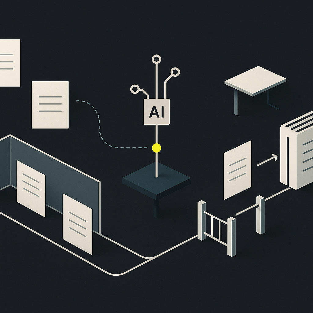 Invoice records pass through AI accounting checks, with exceptions routed to human review before ledger posting.
