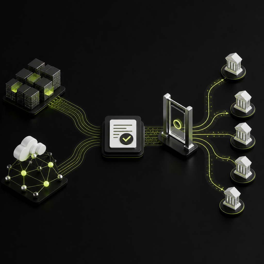 Database and cloud API paths converge on a verified supplier record before branching into global payment routes.
