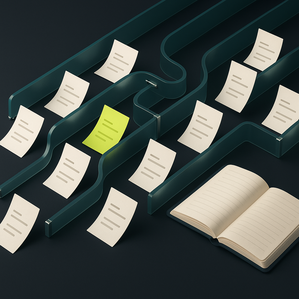 Varied supplier invoices flow through sorting and review channels into a unified accounting ledger.