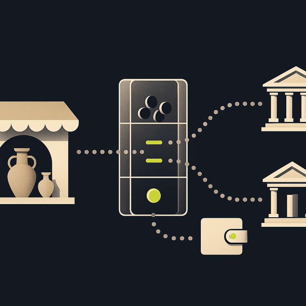 Illustration of Etsy seller funds moving from a shop through payment stages to a bank or intermediary wallet.
