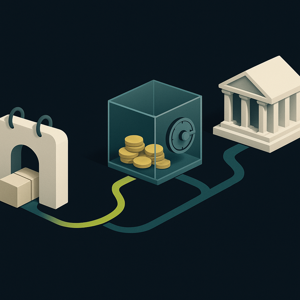 Seller proceeds moving from delivery through a reserve hold and disbursement to a receiving bank.
